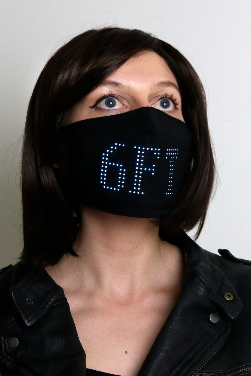 LED Matrix Face Mask, front view with scrolling text display